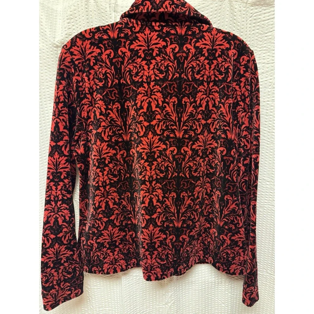 Charter Club Women's‎ SZ P/M Red Black Damask Velvet Zip Up Bomber Jacket Soft